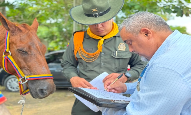 un uniformado adscrito a la seccional de carabineros y protección ambiental  realizando entrega de un equino a un ciudadano 