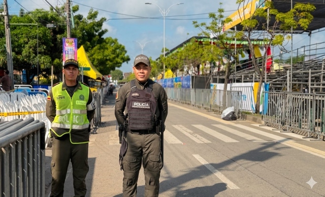 Dos uniformados de la Policía Nacional realizan labores de seguridad y acompañamiento durante la Feria de la Ganadería.