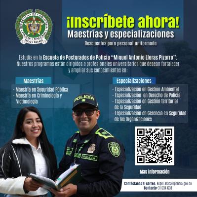 La Escuela de Postgrados de Policía “Miguel Antonio Lleras Pizarro” (ESPOL) te invita a dar el siguiente paso en tu formación profesional con la apertura de inscripciones para sus programas de maestría y especialización.