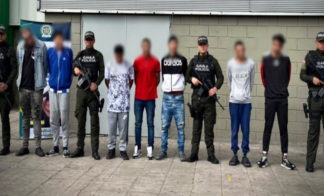 Siete hombres capturados que hacen parte del grupo delincuencial conocido como 'Satan&aacute;s' dedicado a la extorsi&oacute;n