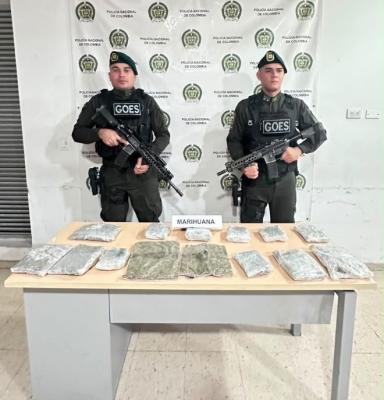 dos polic&iacute;as al lado de una marihuana incautada