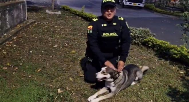 una policía al lado de un perro rescatado
