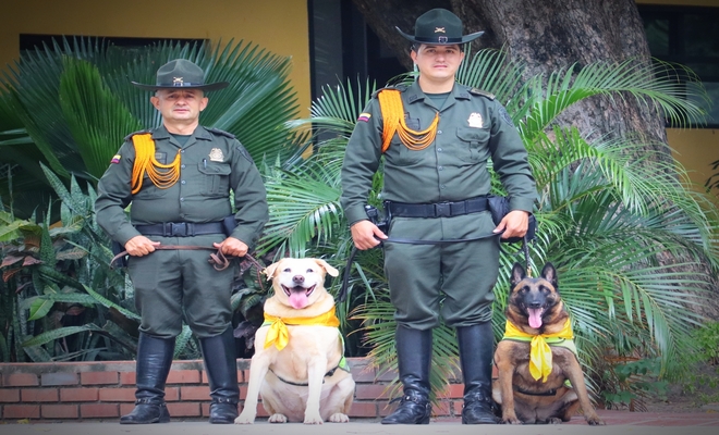 Dos uniformados de la policía junto a dos perros de trabajo, sujetos con correa, frente a un fondo de plantas.