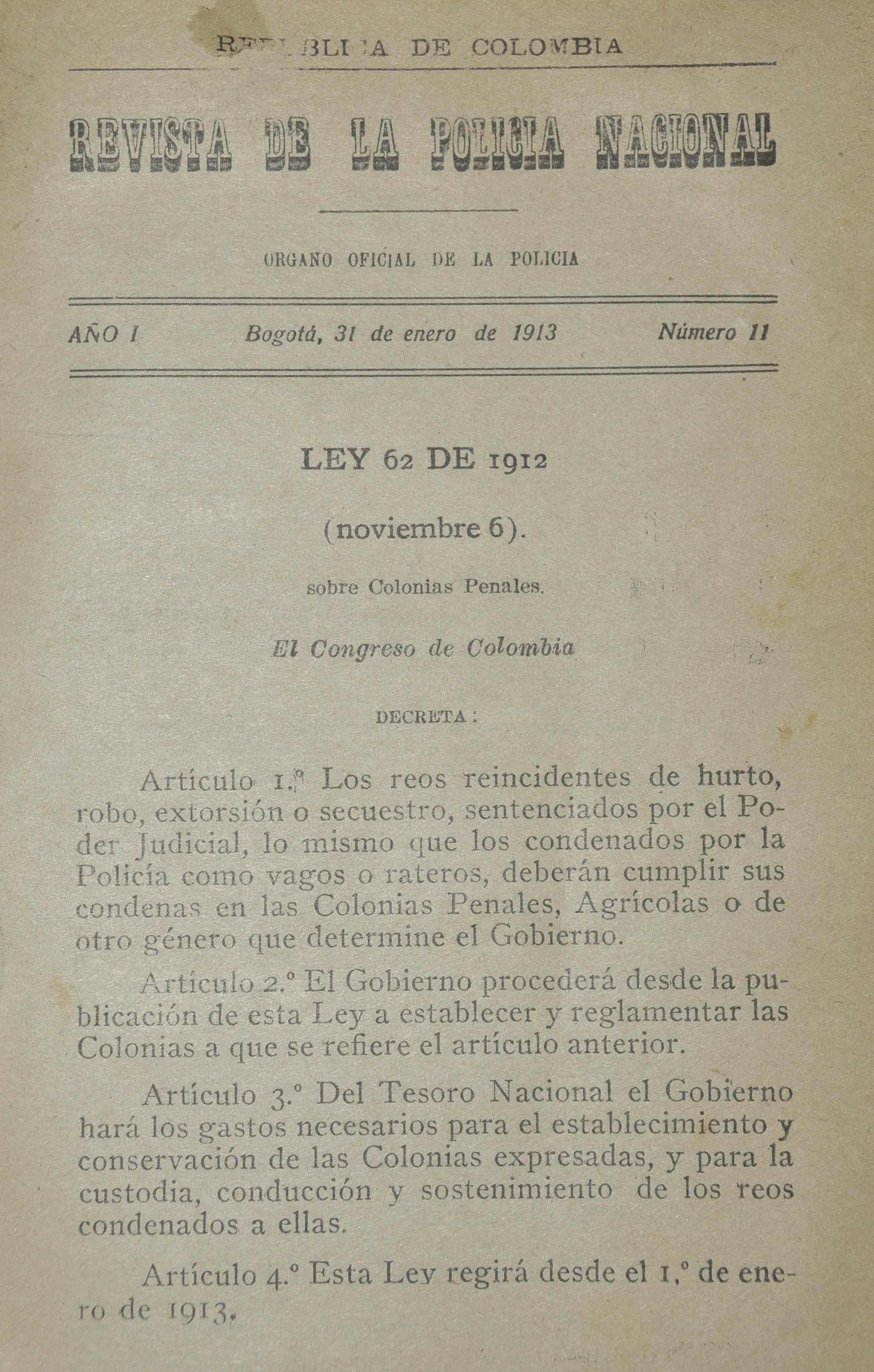 Revista Polic&iacute;a Nacional edici&oacute;n Nro. 11 Primera &eacute;poca